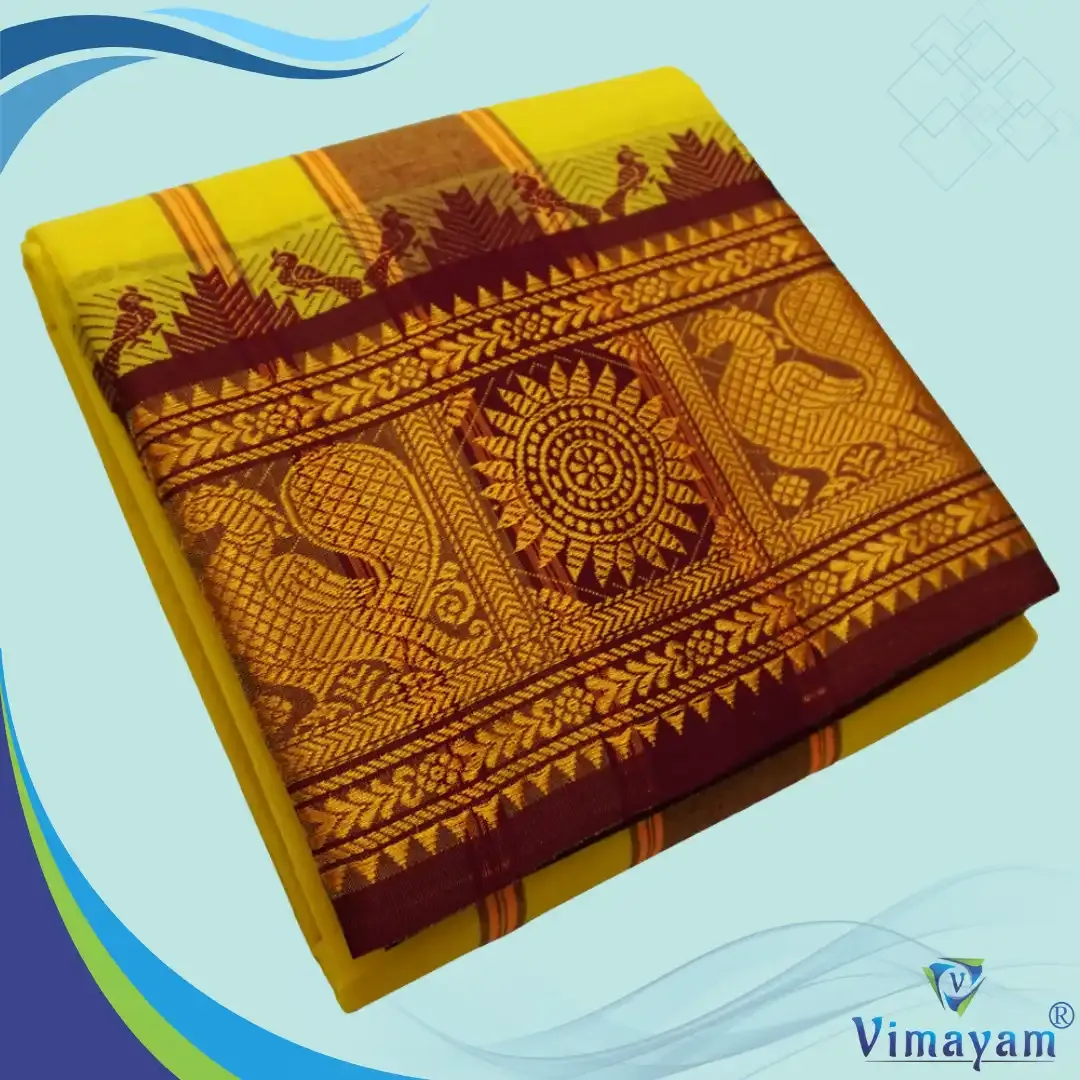 Yellow colour 8 inch border dhoti towel - Assorted border colour and designs – COLOUR DHOTIES | New Arrival | Vimayam Dhotis