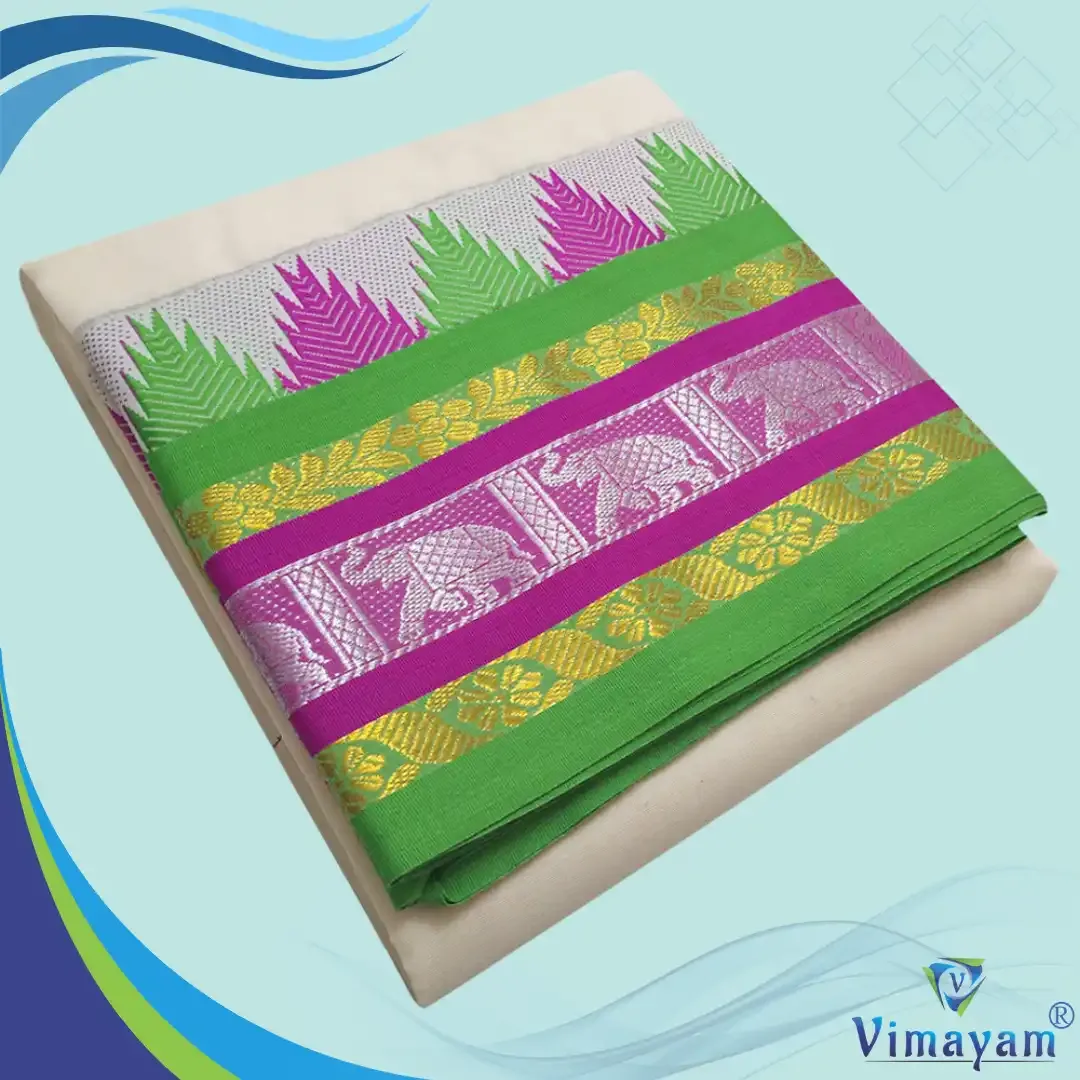 Elephant desinged multi colour temple border dhoti - Assorted border colours - Vimayam Dhoties