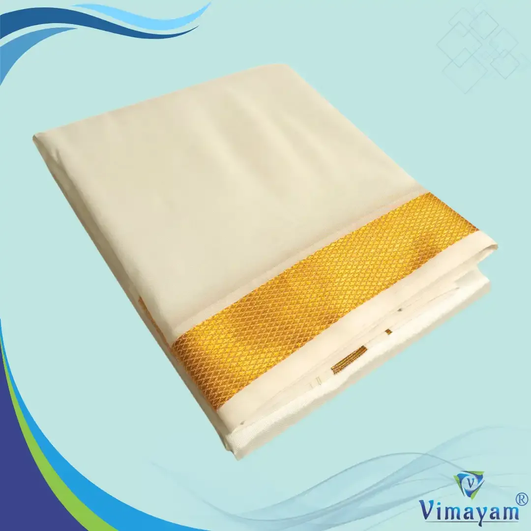 Art silk cream colour silk dhoti with golden zari border - 1.5 inch zari - Vimayam Dhoties