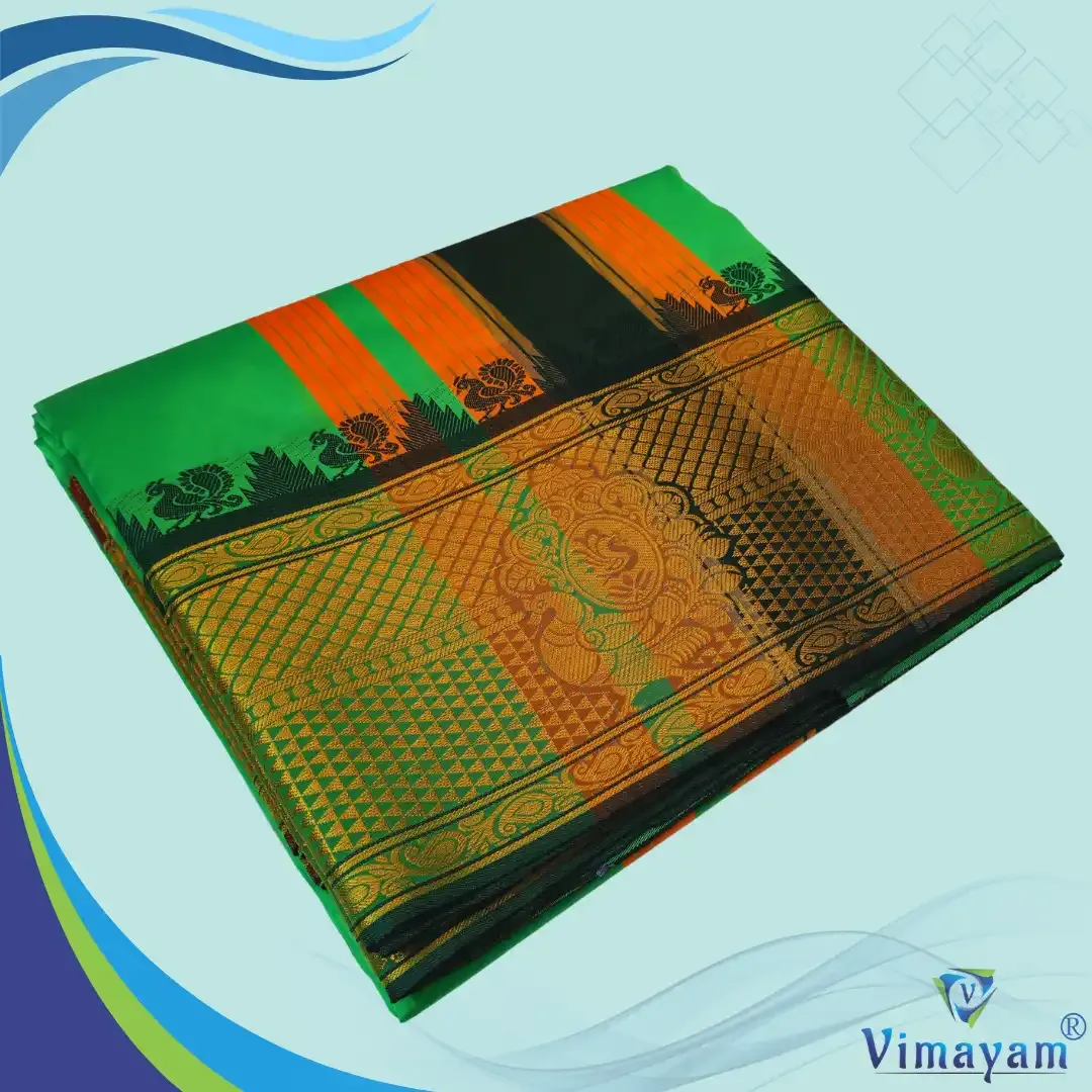 Tirupathi vasthiram melchat 24X12 - Parrot green(Assorted Border designs) - Vimayam Dhoties