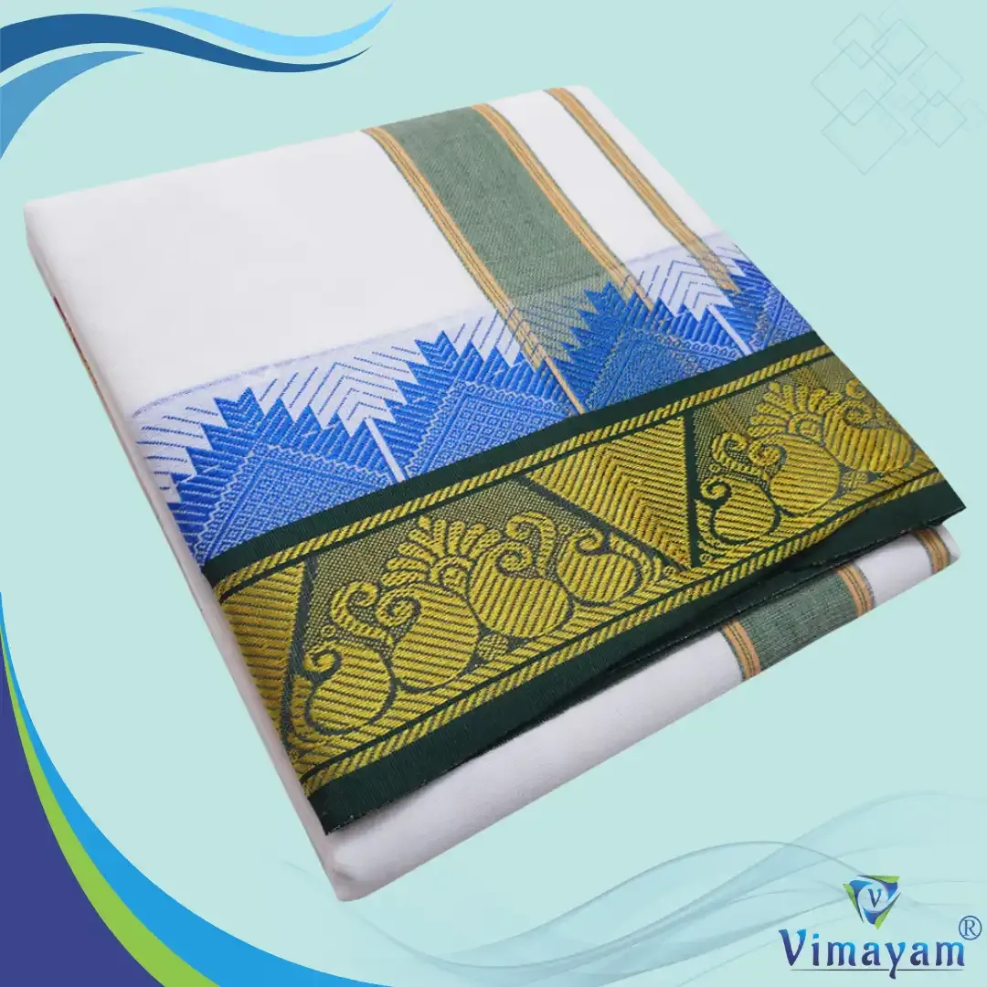 Double mango temple border dhoti - Assorted border colours - Vimayam Dhoties