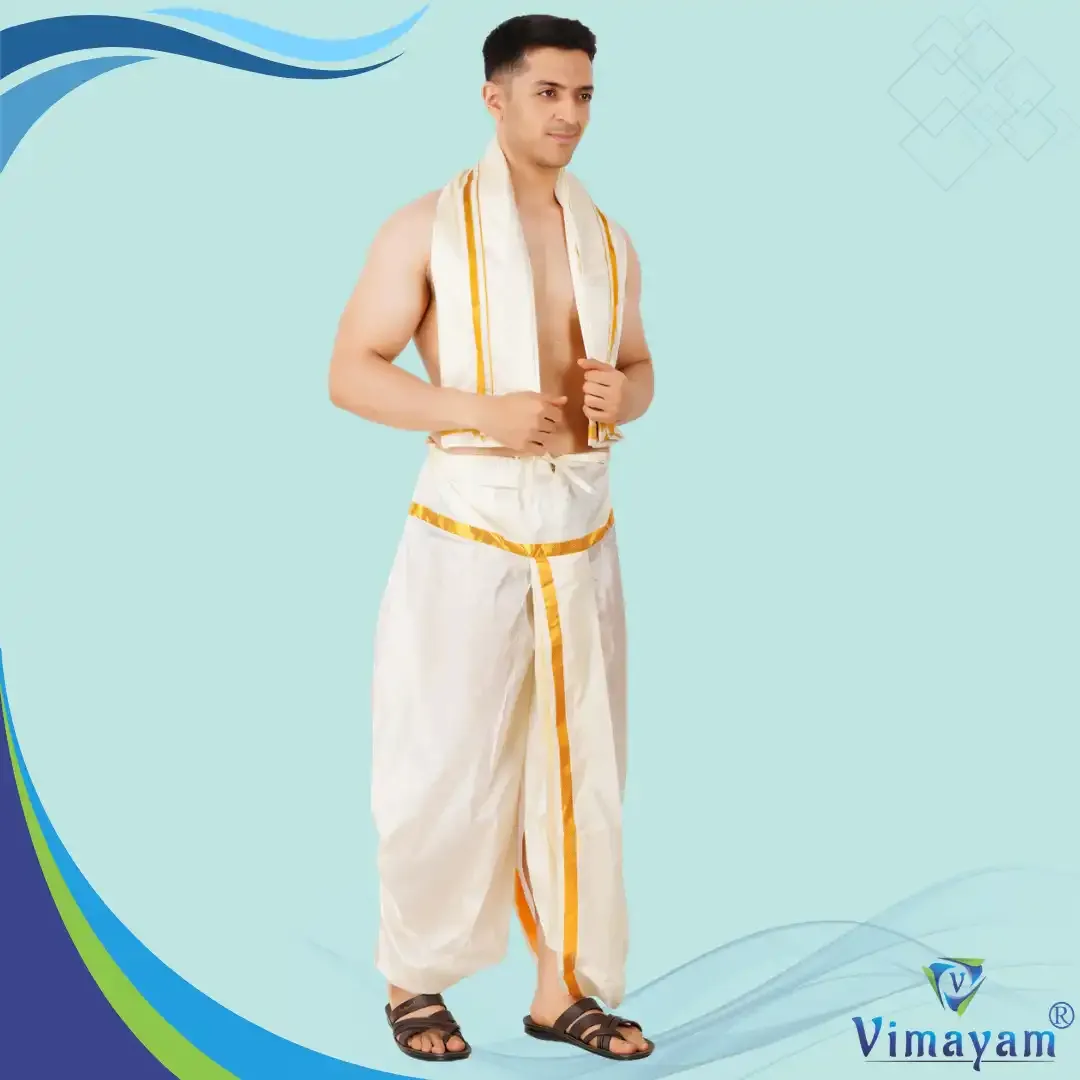 Golden zari Readymade Panjagajam dhoti and towel art silk 