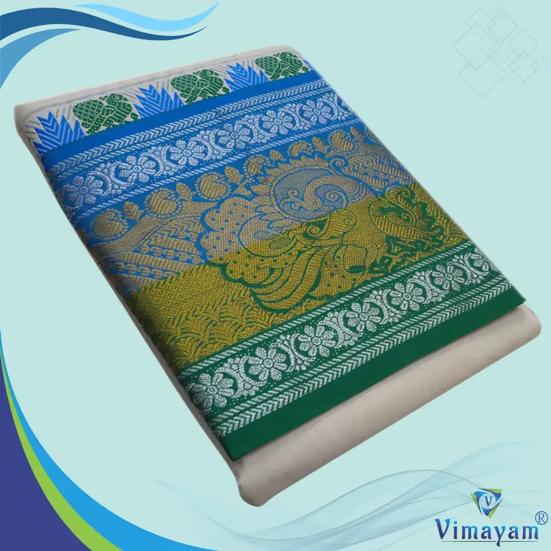 Peacock and flower multicolour temple border special quality dhoti -
