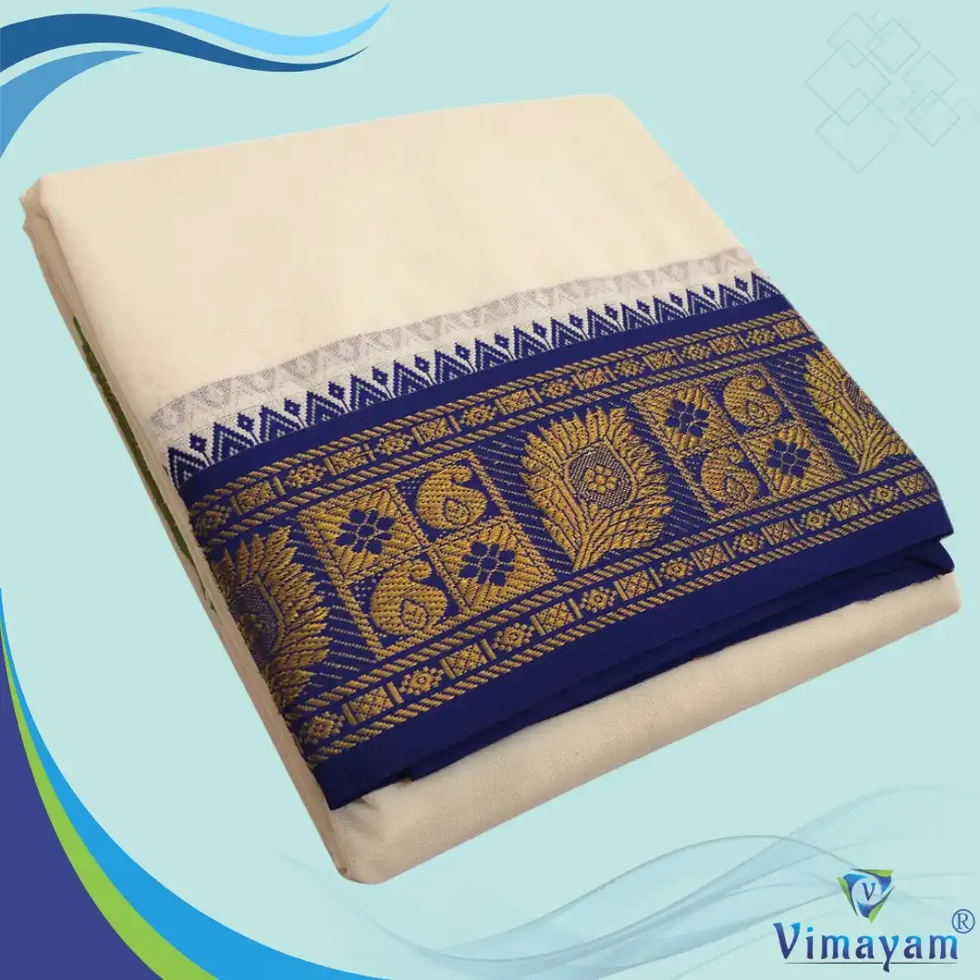  Blue and contrast border premium quality dhoti 5 inch border - Assorted border designs - Vimayam Dhoties