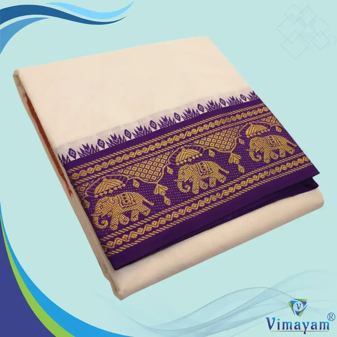  Violet and contrast border premium quality dhoti 5 inch border - Assorted border designs - Vimayam Dhoties