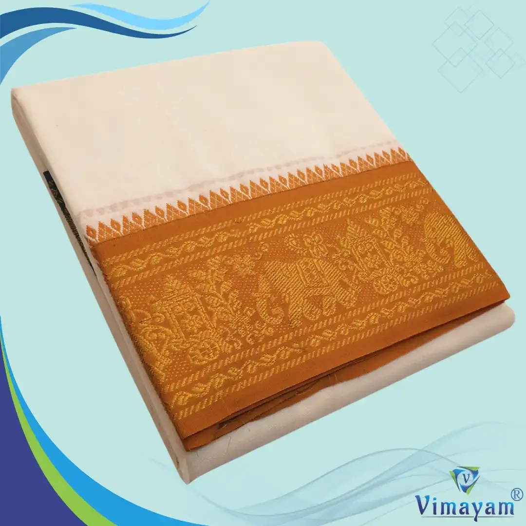  Mustard and contrast border premium quality dhoti 5 inch border - Assorted border designs - Vimayam Dhoties