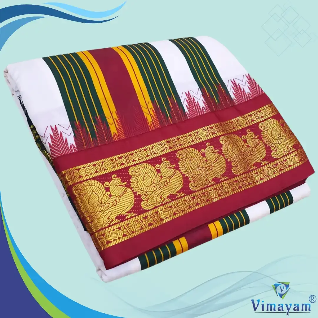 Tirupathi vasthiram 24X12 melchat - White(Assorted Border designs) - Vimayam Dhoties