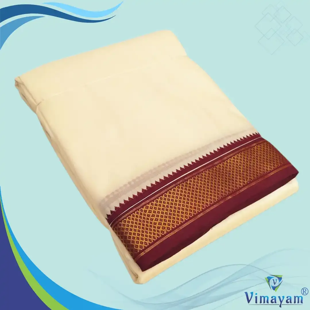 Art silk cream colour silk dhoti mayilkan dhoti - 7 Kan - Vimayam Dhoties