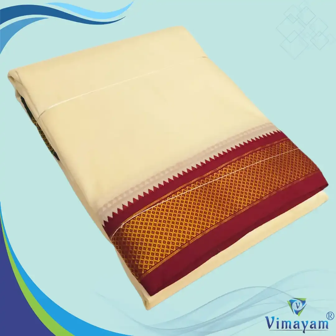 Art silk cream colour silk dhoti mayilkan dhoti - 9 Kan - Vimayam Dhoties