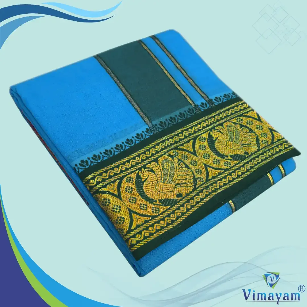 Anandha blue colour premium quality dhoti towel - Assorted border colour and designs - Vimayam Dhoties