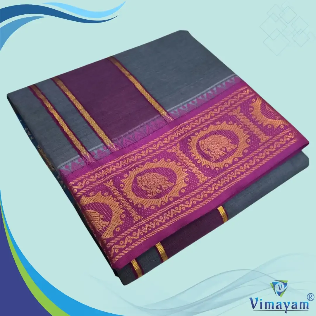 Grey colour premium quality dhoti towel - Assorted border colour and designs - Vimayam Dhoties