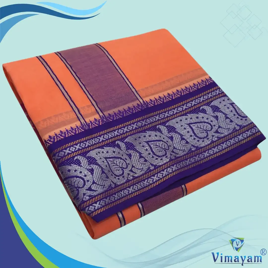 Peach colour premium quality dhoti towel - Assorted border colour and designs - Vimayam Dhoties