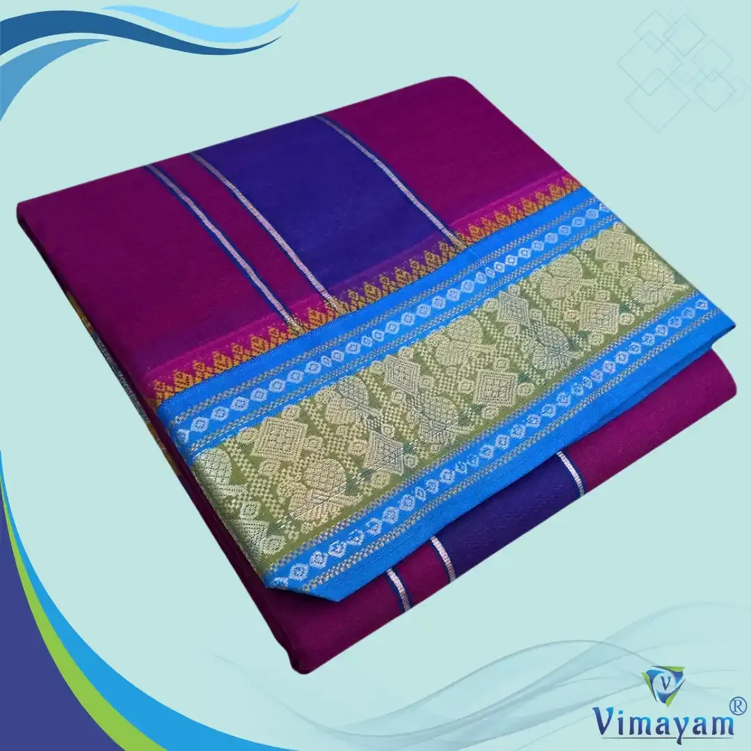 Purple colour premium quality dhoti towel - Assorted border colour and designs - Vimayam Dhoties