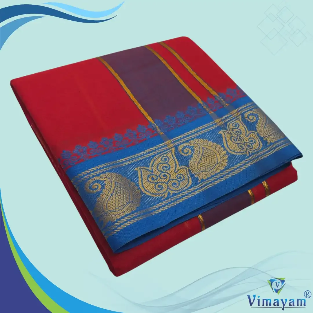 Red colour premium quality dhoti towel - Assorted border colour and designs - Vimayam Dhoties