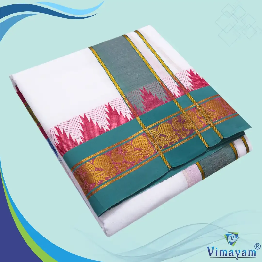 Peacock Border temple tower dhoti premium quality white dhoti - Assorted border Colours - Vimayam Dhoties