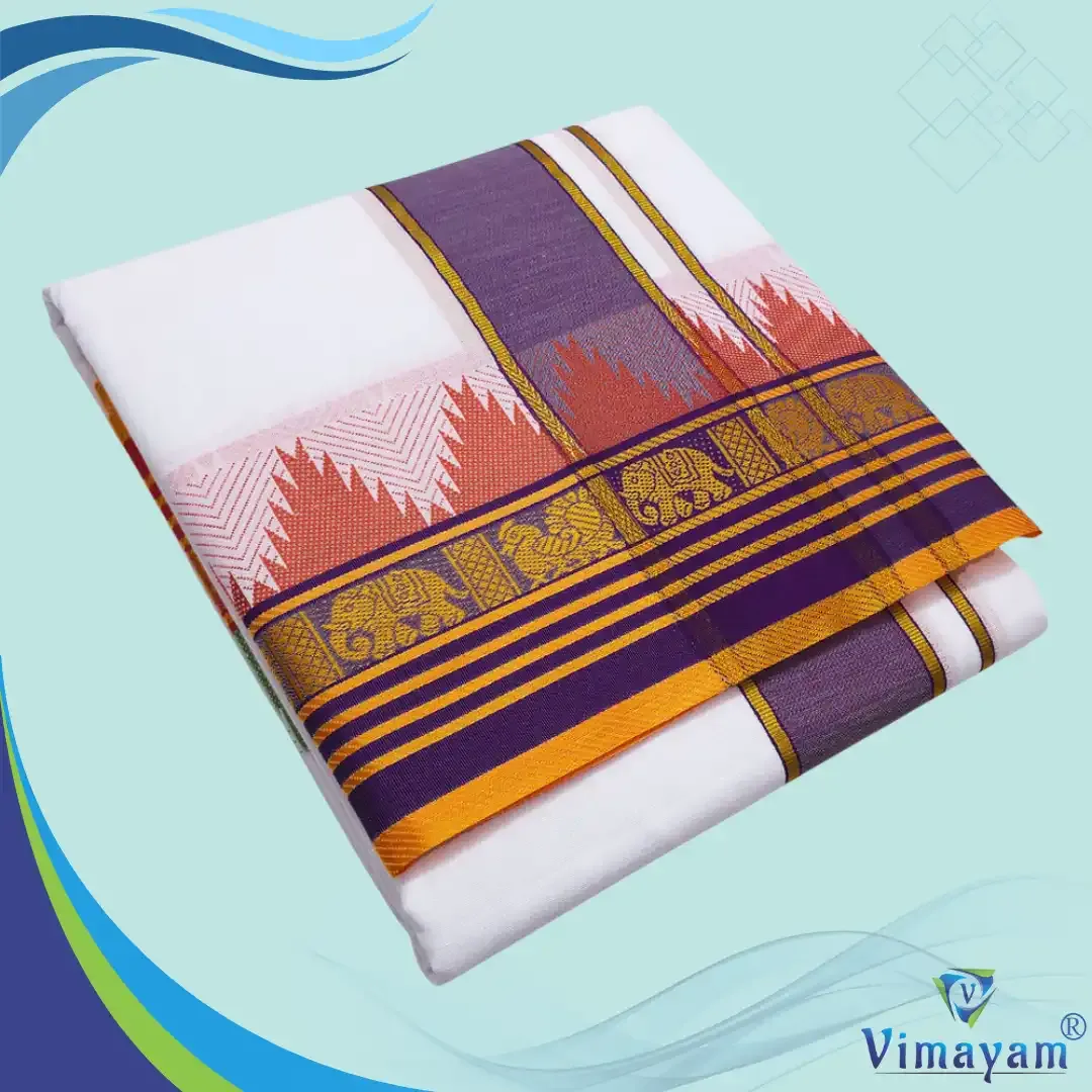 Peacock elephant Border temple tower dhoti premium quality white dhoti - Assorted border Colours - Vimayam Dhoties