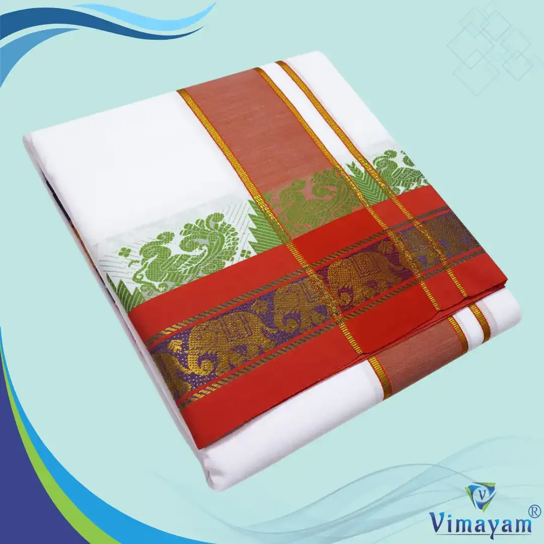 Elephant Border Peacock temple tower dhoti premium quality white dhoti