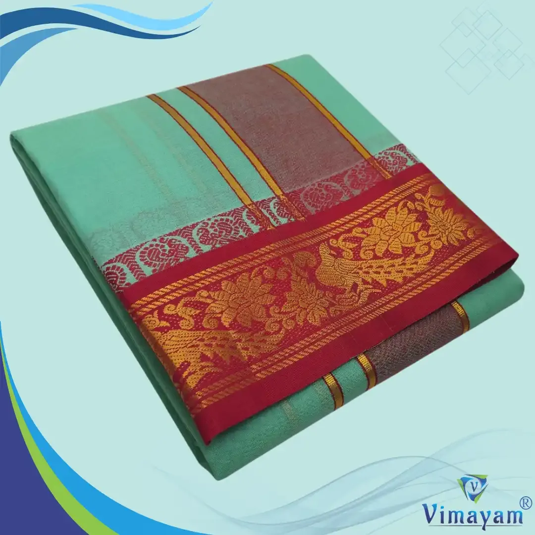 Sea green colour premium quality dhoti towel - Assorted border colour and designs - Vimayam Dhoties